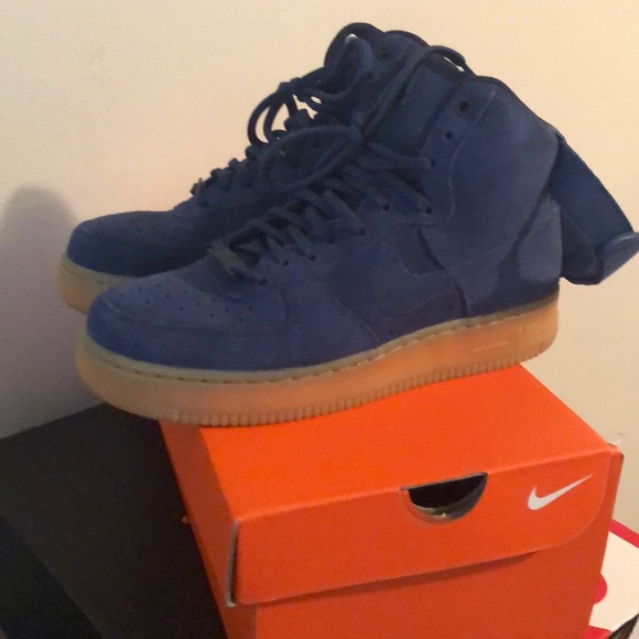 navy blue and orange air force ones